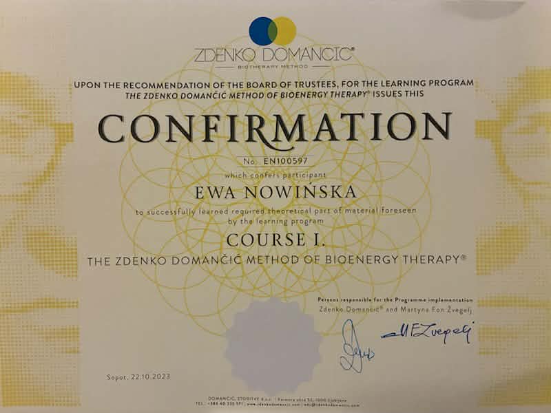 Certyfikat - The Zdenko Domančić Method of Bioenergy Therapy, Course I